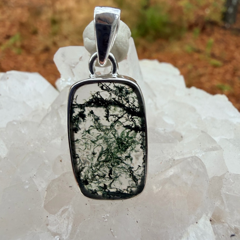 Moss Agate 925 Sterling Silver Rectangular Pendan… - image 3